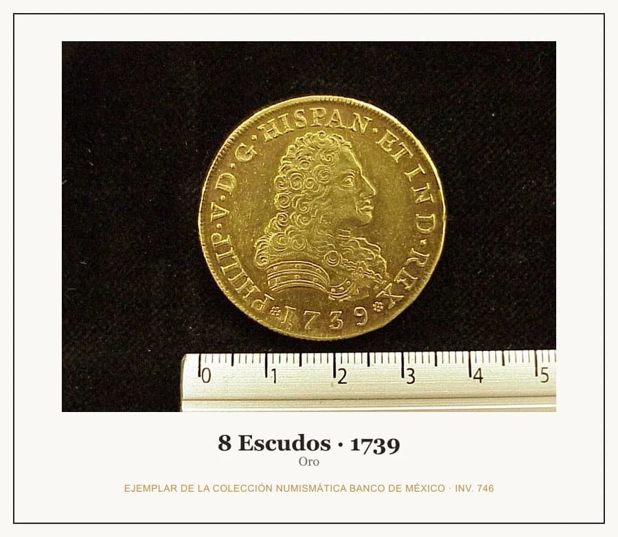 8 Escudos · 1739 — Ejemplar de la Colección Numismática Banco de México, inv. 746
