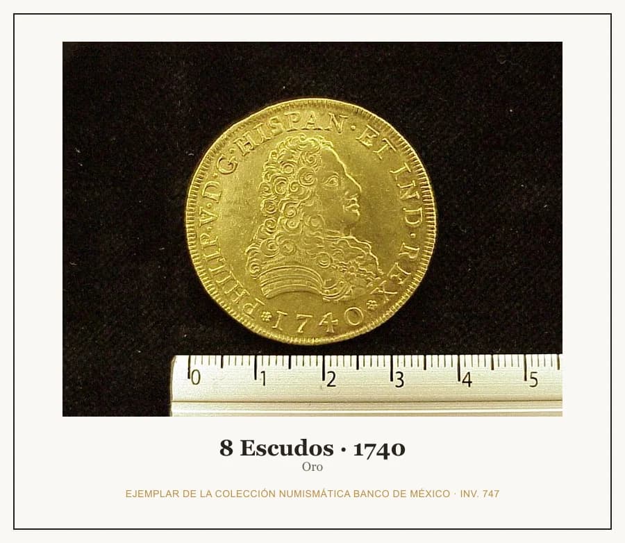 8 Escudos · 1740 — Ejemplar de la Colección Numismática Banco de México, inv. 747