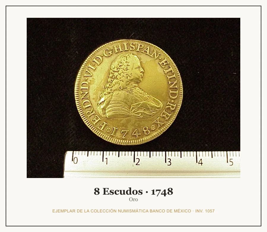 8 Escudos · 1748 — Ejemplar de la Colección Numismática Banco de México, inv. 1057