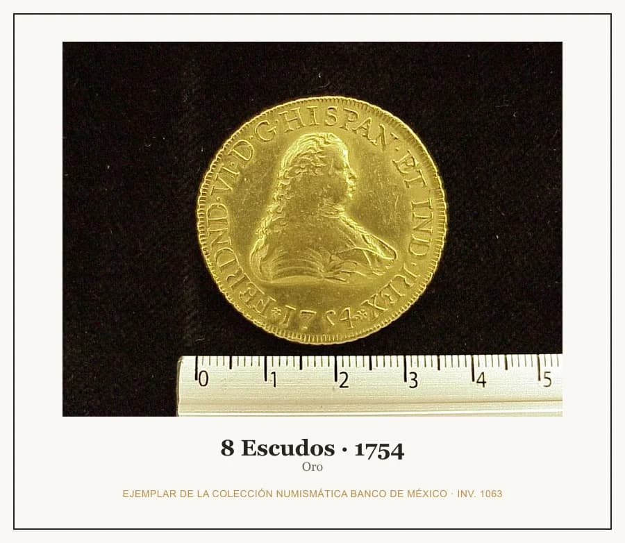 8 Escudos · 1754 — Ejemplar de la Colección Numismática Banco de México, inv. 1063