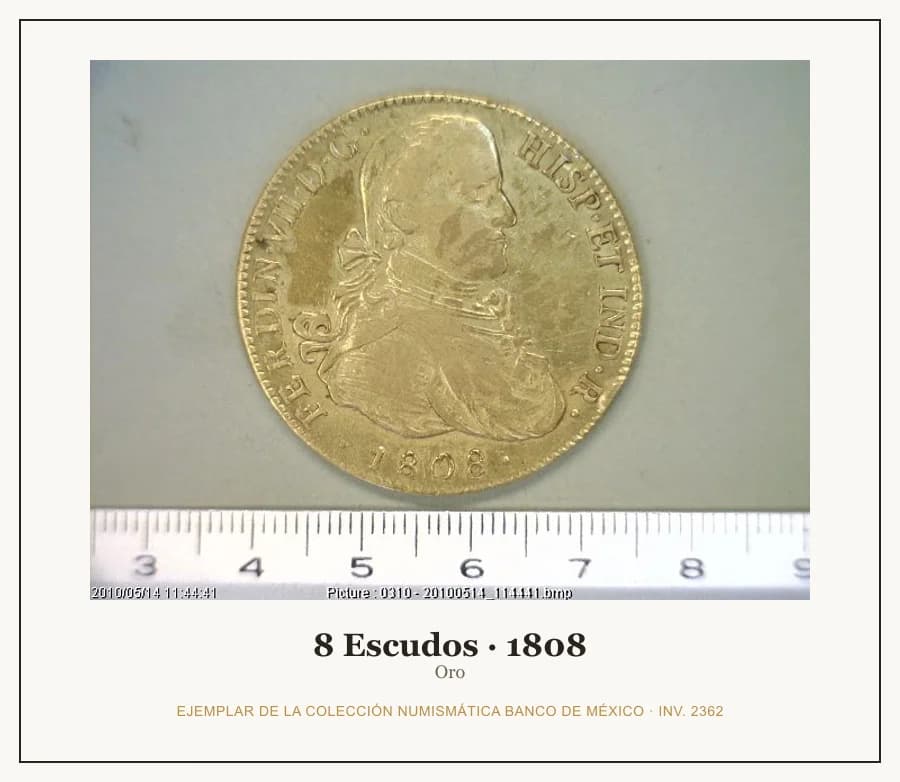 8 Escudos · 1808 — Ejemplar de la Colección Numismática Banco de México, inv. 2362