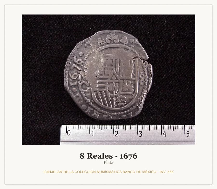 8 Reales · 1676 — Ejemplar de la Colección Numismática Banco de México, inv. 566