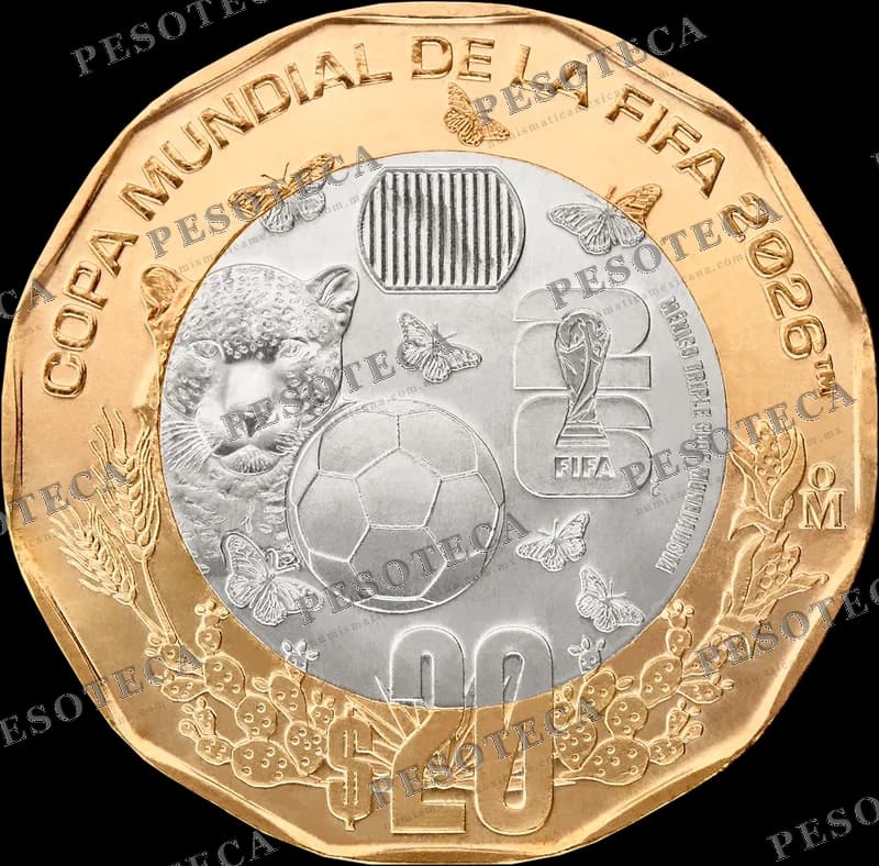 Moneda 20 pesos Mundial 2026 México triple sede oficial Banxico con jaguar mariposas
