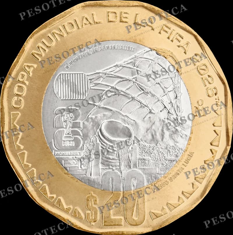 Moneda 20 pesos Mundial 2026 Monterrey bimetálica oficial Banxico